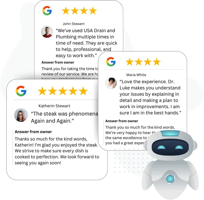 Five-star Google reviews from customers with personalized owner replies, drafted with an AI assistant